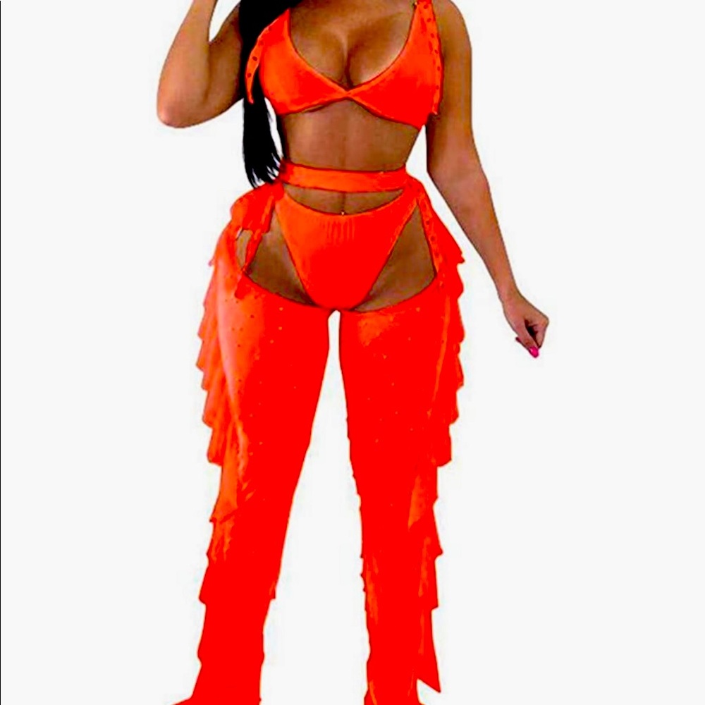 orange mesh pearl detail pant set